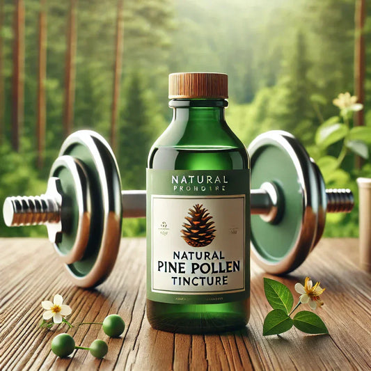 Fyrretræspollen Tinktur fra NaturligStyrke.dk ved siden af håndvægte for naturlig muskelopbygning.